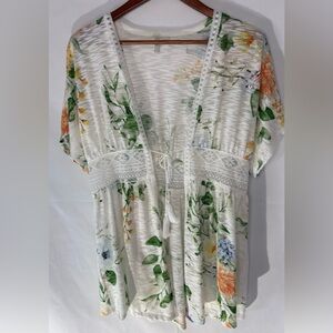 C EST 1946 Women's Sheer Floral Cardigan Tie Waist Short Sleeve Shrug Cover Up M